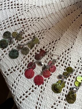 Set of 3 - Pink, Turquoise and Green Disc Dangle Earrings - Women Jewelry